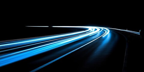 Blurred Blue Headlights On A Highway At Night, Long Exposure Creates A Light Trail Effect.
