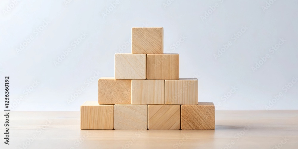Poster a pyramid of wooden blocks stacked on a light brown surface, showcasing a simple structure and natur