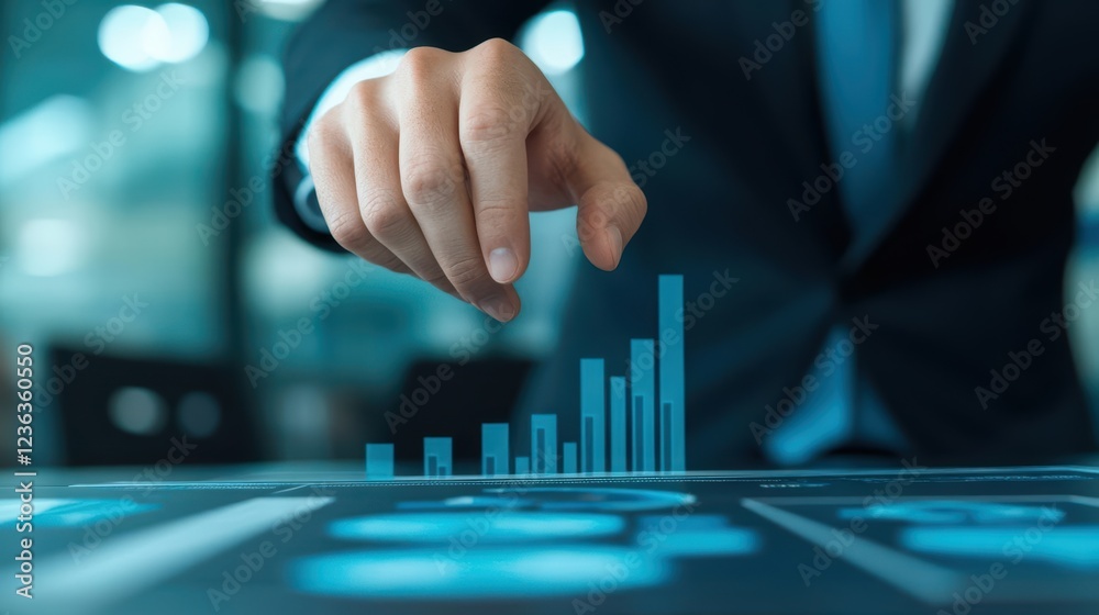 Poster Person Engaging with Data by Pointing at a Bar Chart in a Professional Setting Highlighting Analysis and Insightful Presentation of Information