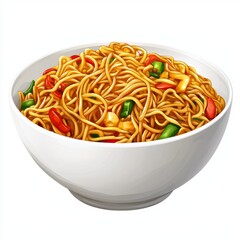 Delicious and Colorful Stir-Fried Noodles in a White Bowl with Fresh Vegetables and Savory Ingredients