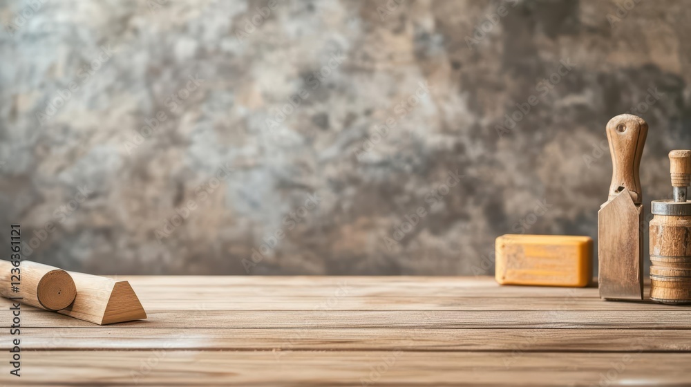 Fototapete Natural Wood Blocks on Rustic Table Surface Evoking Simplicity and Earthy Aesthetics in a Warm and Inviting Indoor Setting with Natural Light