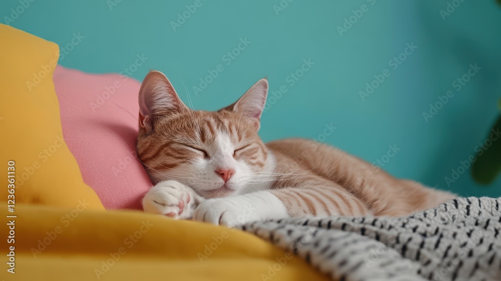 Aufkleber Peaceful Cat Sleeping Comfortably on Cozy Bed Surrounded by Soft Blanket in Warm Light Creating a Tranquil and Relaxing Atmosphere at Home