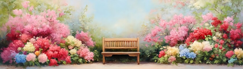Serene garden bench nestled amongst vibrant blooms, a peaceful scene.