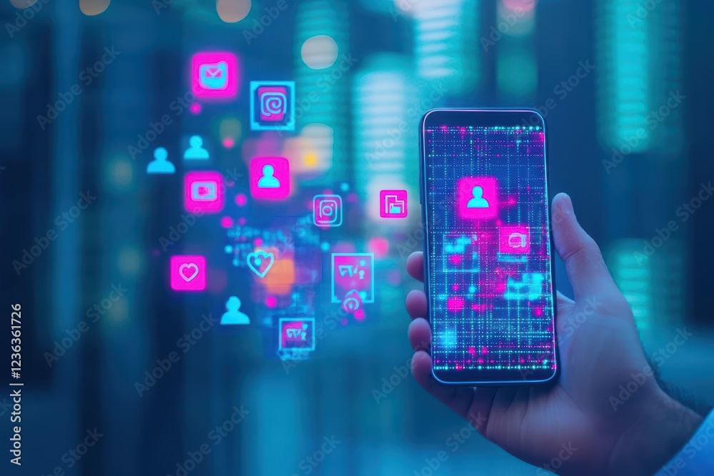 Leinwandbilder Closeup of a Hand Holding a Modern Smartphone Displaying Various Colorful Icons Symbolizing Connectivity and Digital Interaction in Daily Life