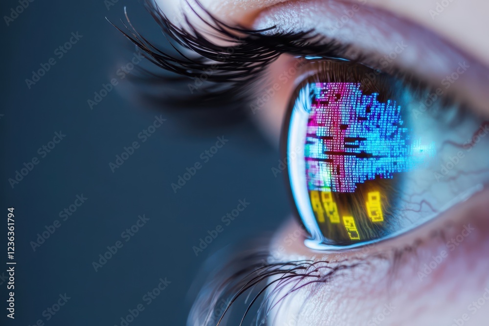 Poster Intriguing Close Up of a Human Eye Featuring an Embedded Computer Chip in the Pupil Symbolizing Technology Integration with Human Emotion and Vision
