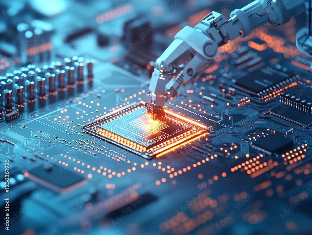 Aufkleber Futuristic Robot Engaged in Complex Computer Chip Assembly in High-Tech Laboratory Setting with Precision Tools and Advanced Equipment Around It