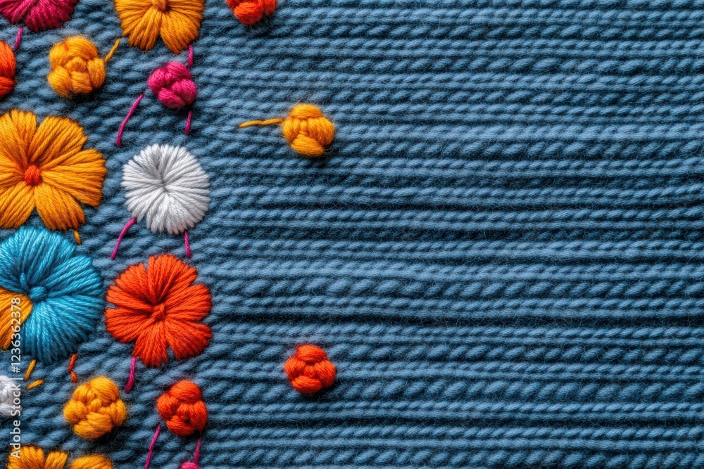 Poster vibrant display of colorful yarn and delicate flowers against a soft blue background evoking creativ