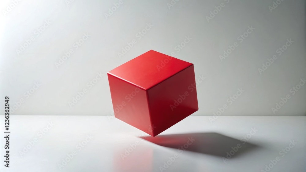 Aufkleber A single red cube floats above a white surface, casting a subtle shadow that adds depth to the minimalist composition.