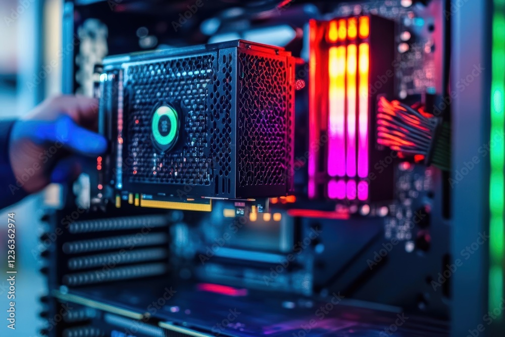 Poster Person Holding a Vibrant Computer Case with Colorful LED Lights in a Modern Tech Environment Showcasing Innovative Design and Personal Style