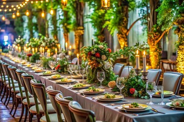 Obraz premium Elegant Wedding Banquet Table Setting with Greenery
