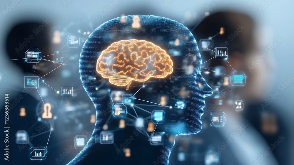 Poster exploring the connection between artificial intelligence and human brain functionality