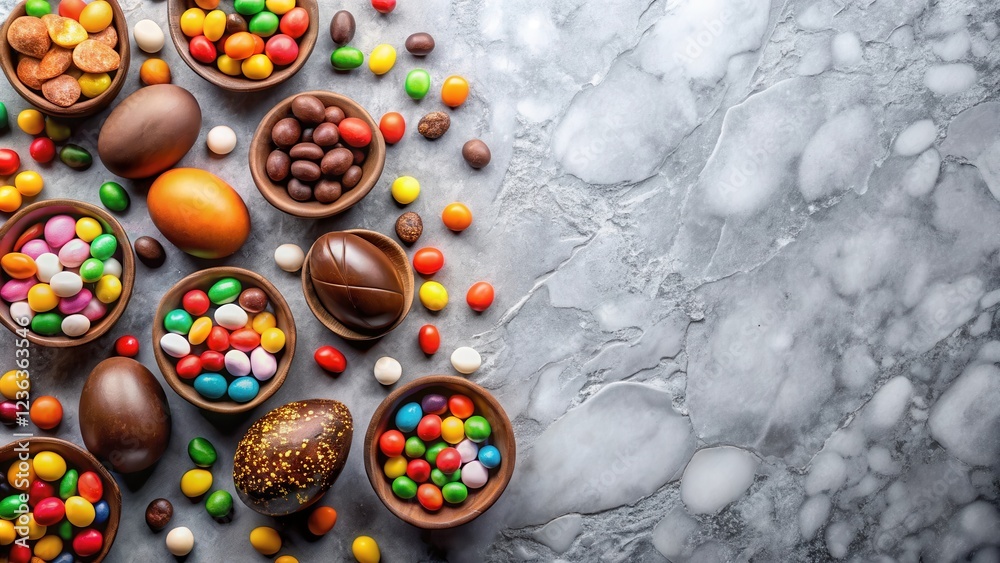 Aufkleber a festive display of chocolate easter eggs and colorful candy surrounded by a grey stone background