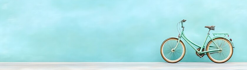 Fototapeta premium A mint green vintage bicycle leans against a tranquil aqua wall, evoking serenity and summer.