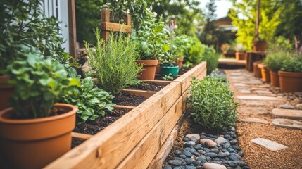 Fototapeta premium Raised garden bed herbs backyard patio landscaping
