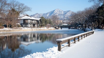 Fototapeta premium Snowy lake, mountain view, winter park scene