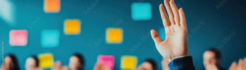 Poster A Hand Reaching Upward towards a Vibrant Colorful Sticky Note Display Creating a Dynamic and Playful Atmosphere of Creativity and Expression