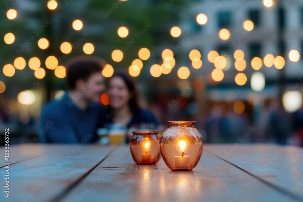 Aufkleber Warm Glow of Two Candles on a Table Amidst a Softly Lit Background of People Creating an Inviting and Intimate Atmosphere for Connection