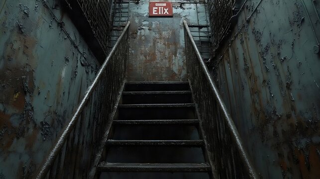 A staircase leading to a red and white sign that says EIX