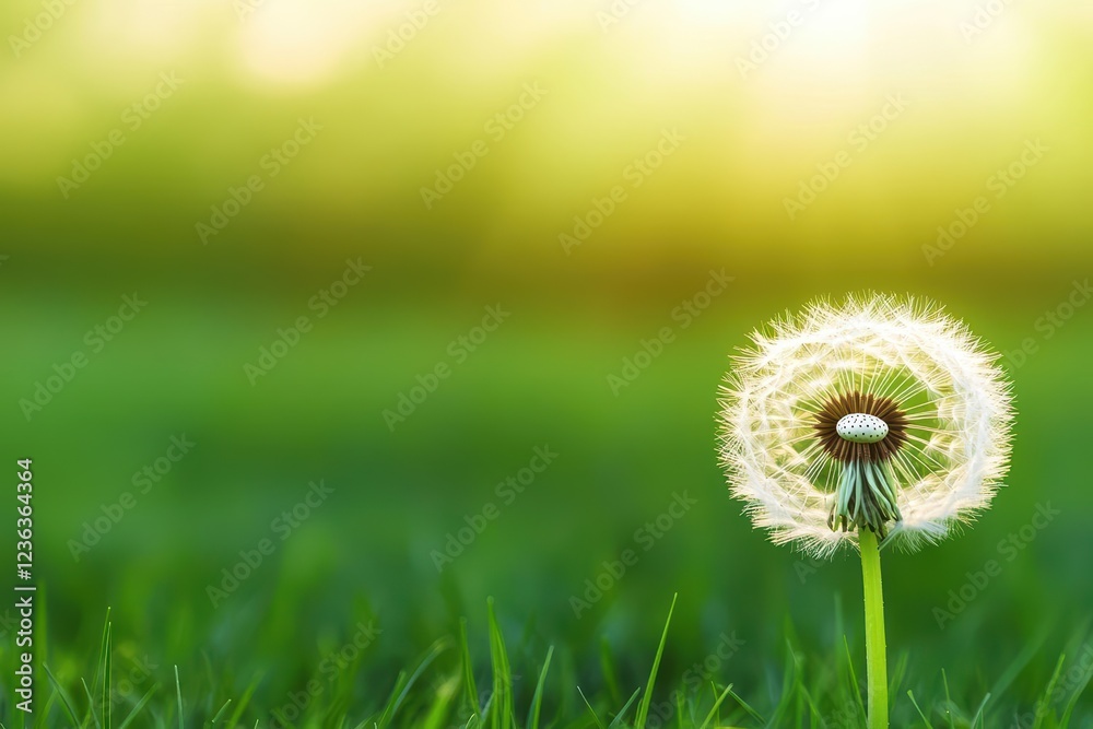 Poster whimsical dandelion seeds dancing in the breeze under a bright blue sky creating a joyful and dreamy