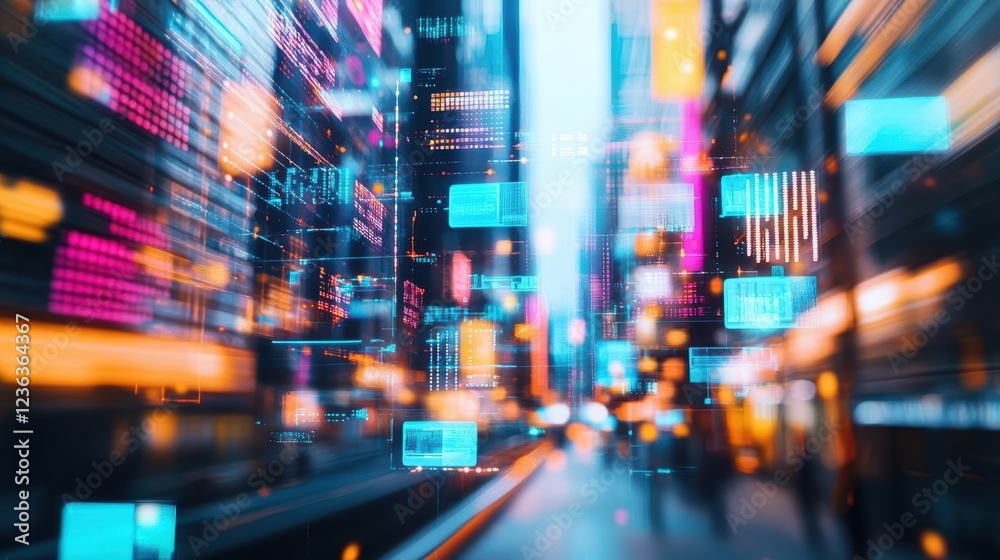 Poster vibrant urban nightscape showcasing a city brimming with skyscrapers and colorful neon lights creati