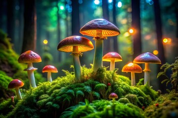 Fototapeta premium Enchanting Mushroom and Moss in Dim Forest