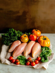 Fresh chicken breasts with tomatoes spinach and kale on marble surface