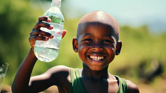 Smiling black child in African village with bottle of water. Water problems, global warming, drought, water shortage in the world, health problems, poverty and misery in countries. Climate change: fro