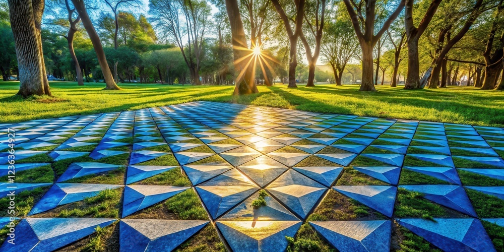 Poster sunlit park pathway with geometric design in a lush green setting