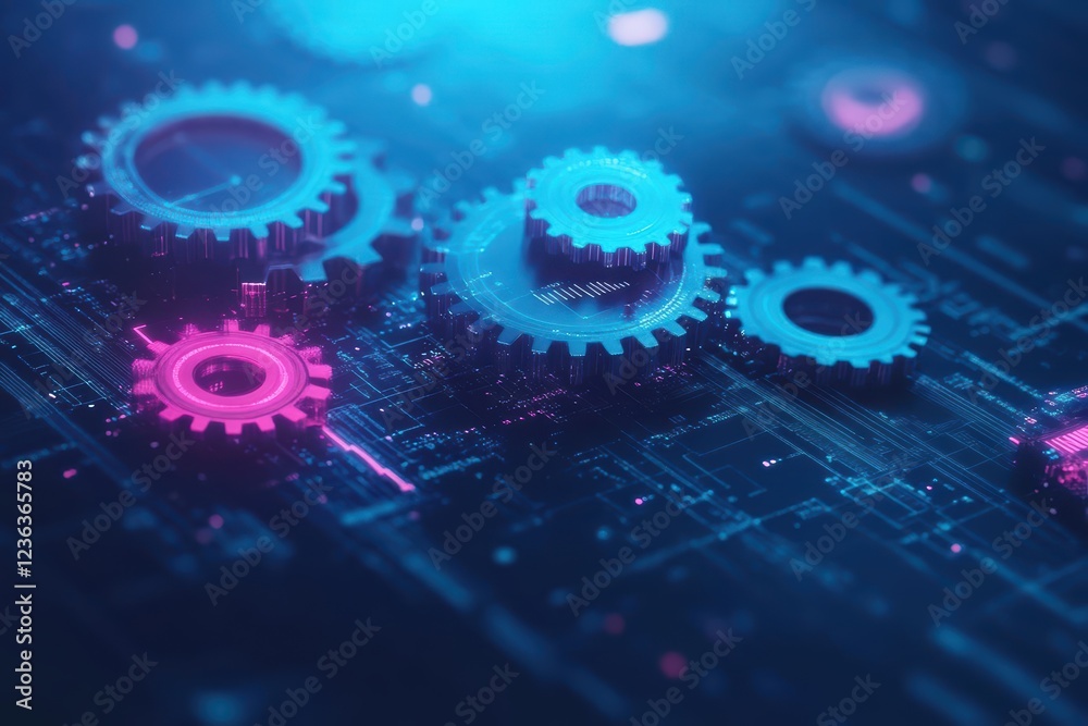 Aufkleber vibrant blue and pink background featuring intricate gears symbolizing innovation and creativity in 