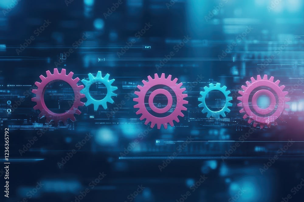Poster Intricate Arrangement of Metallic Gears on Vibrant Blue Background Showcasing Engineering Precision and Industrial Aesthetics in Modern Design Context