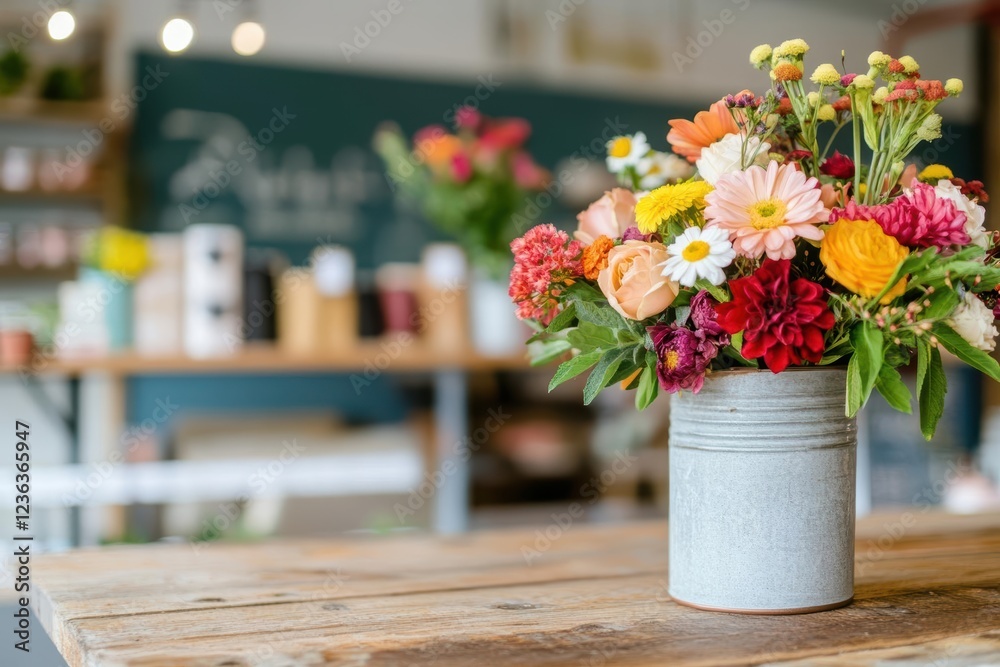Poster beautifully arranged fresh flowers in an elegant vase sitting on a wooden table creating a charming 
