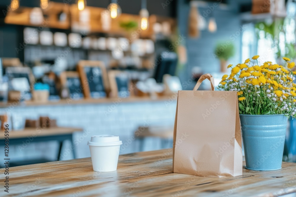 Aufkleber Charming Table Display Featuring a Vibrant Flower Pot and Rustic Paper Bag Creating an Inviting Atmosphere for Home Decor and Natural Elements