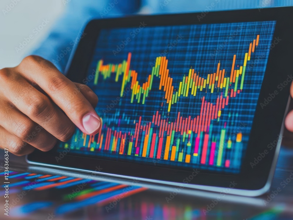 Poster individual analyzing data trends on a tablet with detailed chart displayed in a modern office enviro