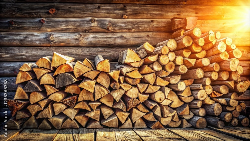 Poster a sunlit stack of neatly arranged firewood logs rests against a rustic log cabin wall.