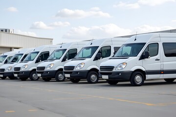 Fleet of white delivery vans parked in industrial lot under clear sky