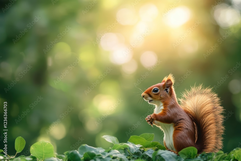 Aufkleber a curious squirrel perched gracefully on a tree branch surrounded by lush green foliage under soft n