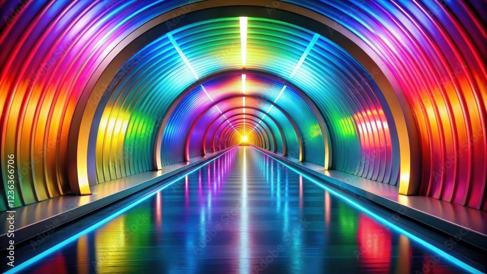 Aufkleber a vibrant, multicolored tunnel with glowing archways and reflective floor leading to a bright light 