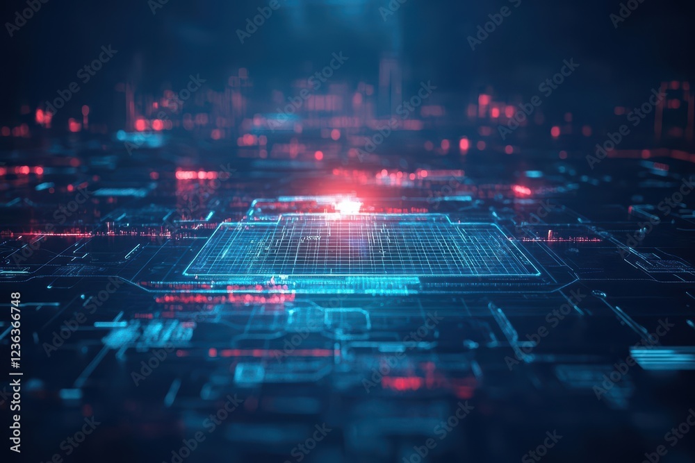 Poster Intricate Circuit Board Illuminated by Vibrant Red Light Highlighting Complex Patterns and Technology in a Modern and Futuristic Setting