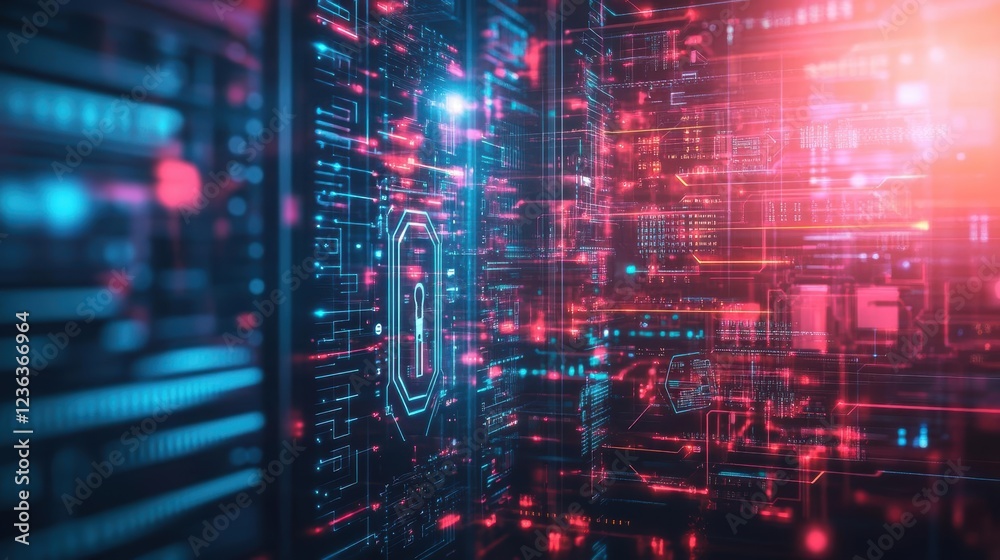 Leinwandbilder Futuristic Background Featuring Intricate Circuit Patterns Illuminated by Vibrant Red and Blue Lights Creating a High-Tech and Dynamic Atmosphere