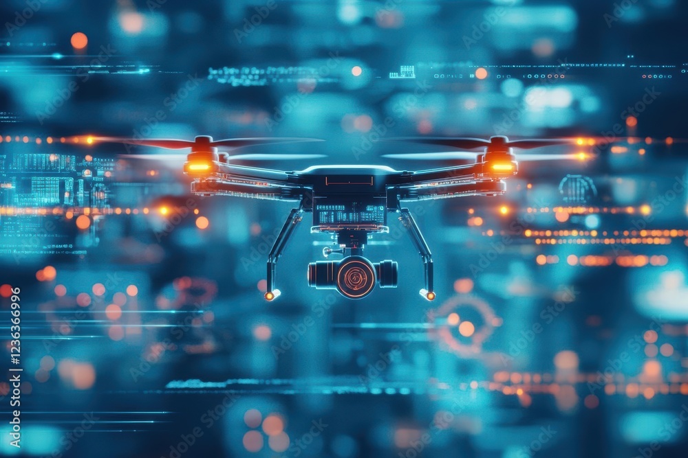 Poster aerial view of vibrant cityscape illuminated by night lights captured from above with a drone showca