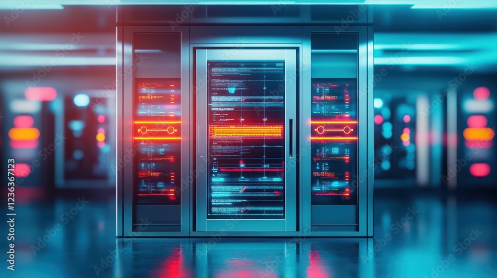 Aufkleber High-Tech Server in Modern Server Room with Blinking Lights and Cables Showing Advanced Data Processing and Efficient Network Management Systems