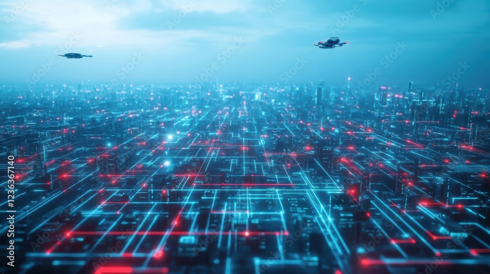 Poster futuristic cityscape at dawn with sleek skyscrapers and neon lights illuminating the streets creatin