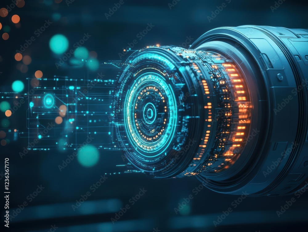 Poster close up of a camera lens showcasing a modern digital interface with focus and intricate details hig