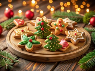 Festive Holiday Cookie Assortment on Wooden Platter