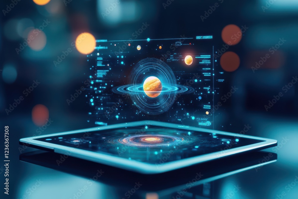 Aufkleber Modern Tablet Displaying Interactive Digital Interface with Vibrant Colors and User-Friendly Design in a Bright and Engaging Workspace Environment