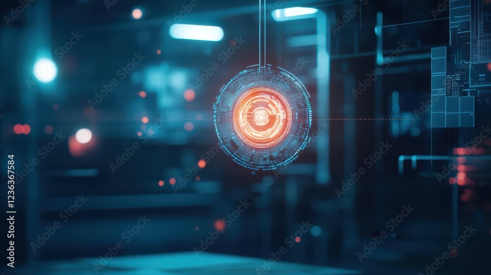 Poster Futuristic Interface Design Featuring Central Circular Element Encased in Sleek Modern Aesthetic with Vibrant Colors and High-Tech Visual Appeal