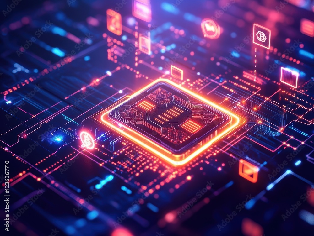 Poster futuristic computer chip illuminated by bright neon glow against a dark background representing tech