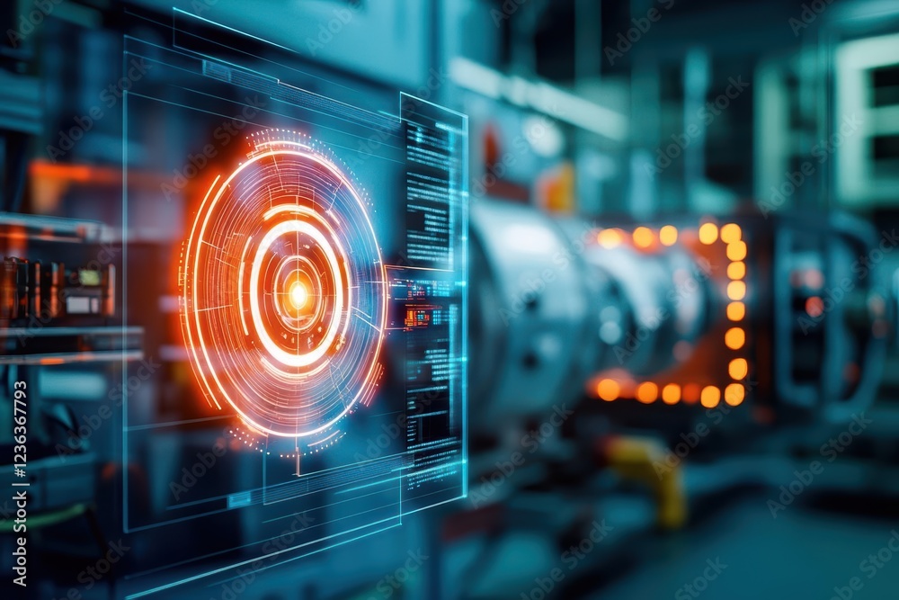 Poster Futuristic Machine with Glowing Circular Interface Set Against an Industrial Backdrop Evoking a Sense of Innovation and Technology in Modern Design