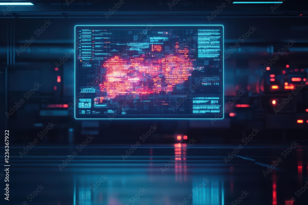 Aufkleber Vibrant Visualization of Human Brain in Red and Blue Colors on Computer Screen Representing Neurotechnology and Digital Innovation in Modern Science