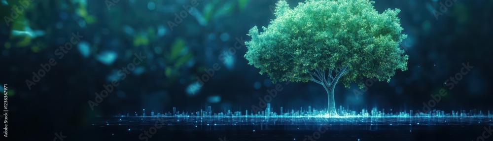 Poster Lush Green Tree Standing Tall Amidst Gentle Rainfall Creating a Tranquil Atmosphere with Soft Light and Reflections on Wet Ground in Nature